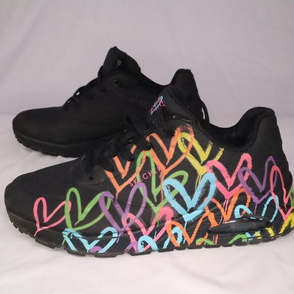 Skechers Black Rainbow Sneakers Women's Size 9 Hearts Love Multicolor - Picture 7 of 11